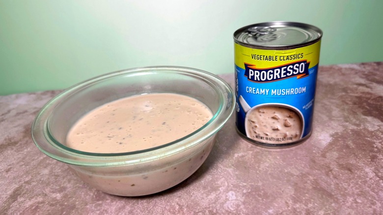 can and bowl of progresso mushroom soup