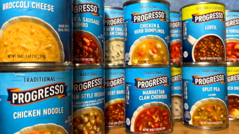stacks of cans of progesso soup