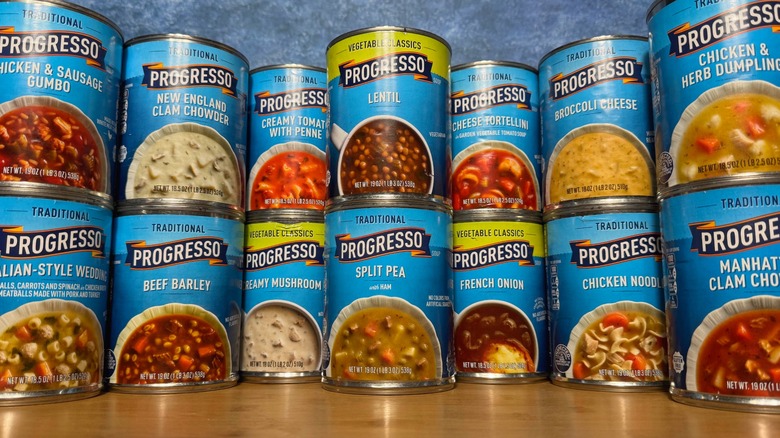 stacks of cans of progesso soup