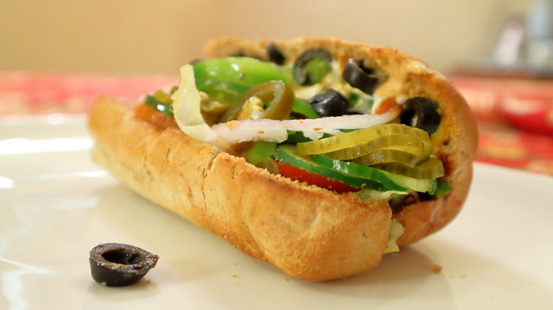 A Subway sandwich full of vegetables