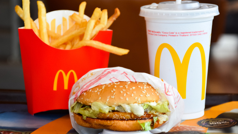Hamburger, fries, and soda from McDonald's