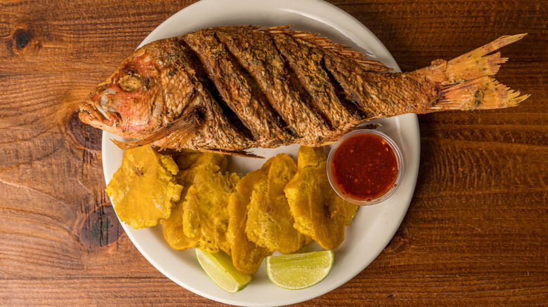 A plate of fried red snapper on a plate with fried plantains