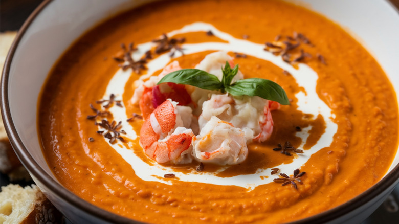 A bowl of lobster bisque with a swirl of cream and fresh lobster on top