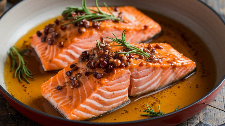 Two salmon fillets served in a restaurant