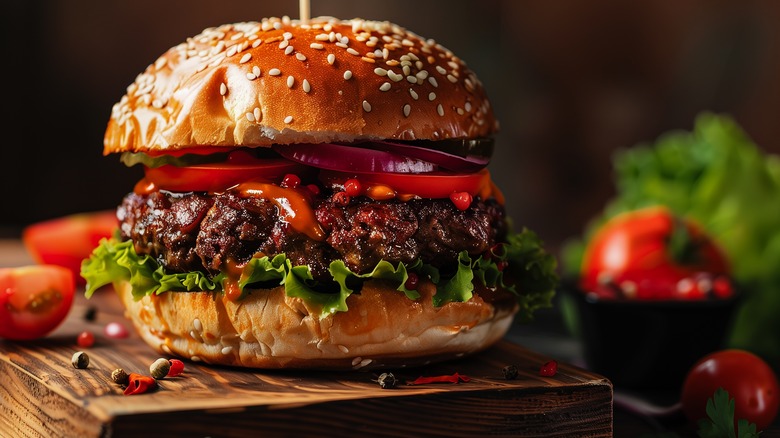burger on wooden board