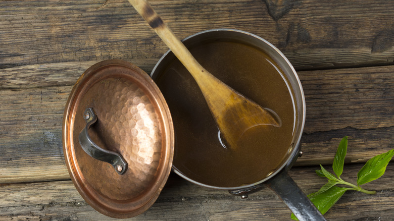 Gravy in a copper pot