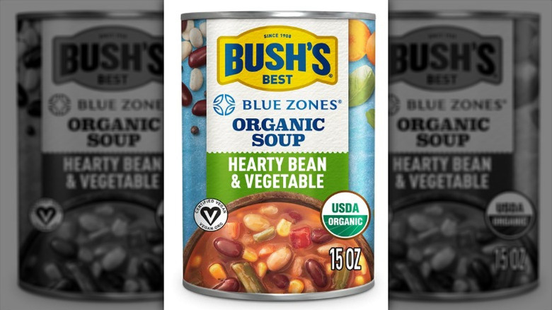 Can of Bush's Best Blue Zones Organic Soup Hearty Bean and Vegetable