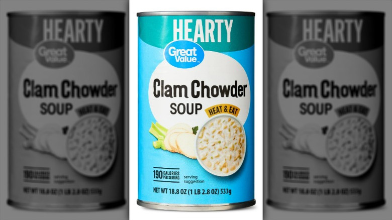 A can of Great Value Clam Chowder Soup