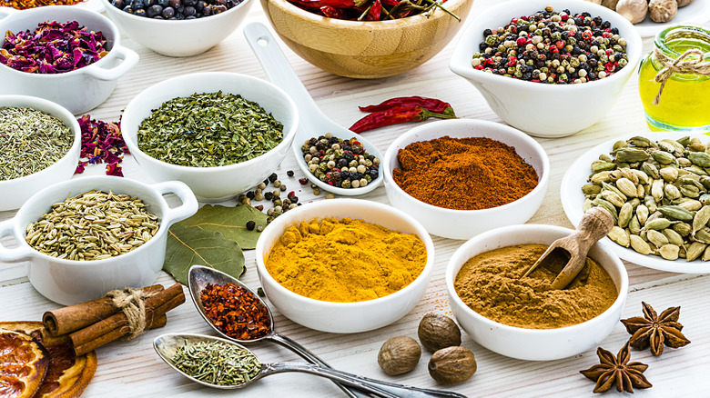 Bowls of varies herbs and spices
