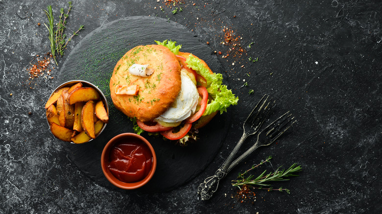 camembert burger and fries
