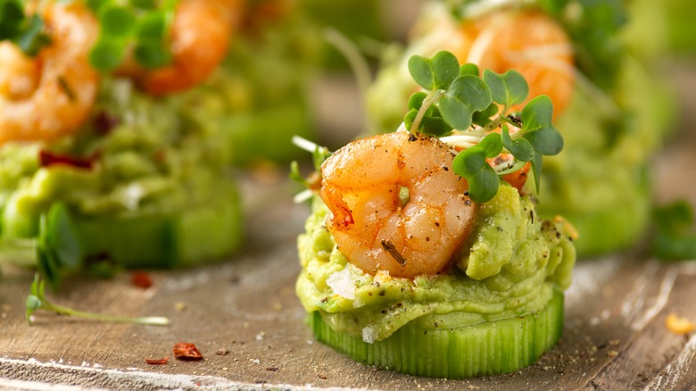 cucumber, shrimp, avocado canapé