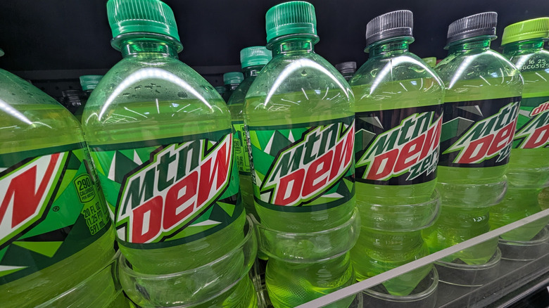 Bottles of Mountain Dew in a supermarket
