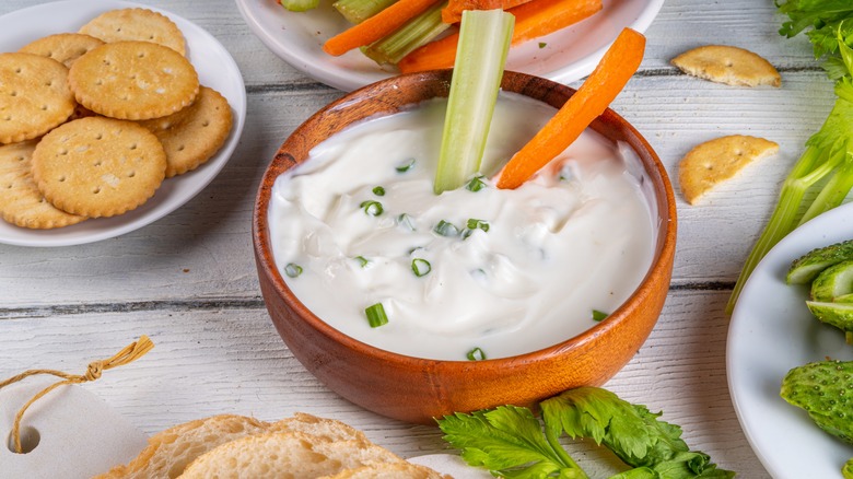 Blended cottage cheese dip, with crackers and crudités