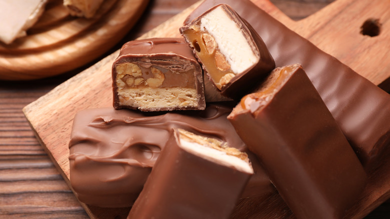 Pile of chocolate bars filled with nougat and nuts
