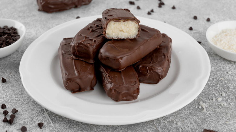 Plate of coconut-filled chocolate bars
