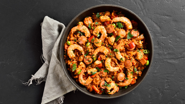 jambalaya in black bowl
