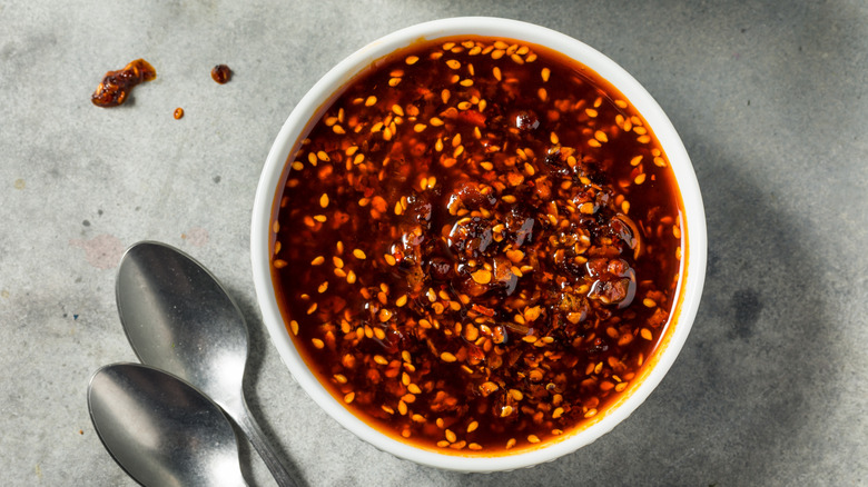 Bowl of homemade chili crisp