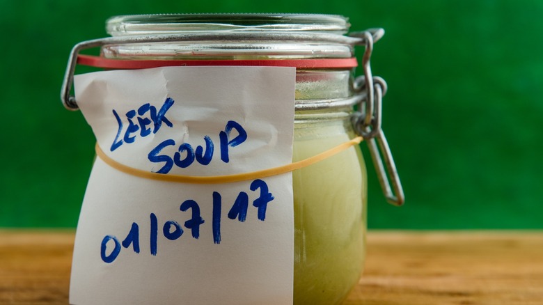 leek soup in mason jar with label for freezing