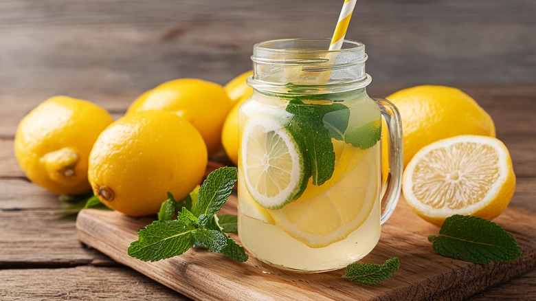 Mason jar with lemon and mint water, surrounded by fresh lemons and mint sprigs