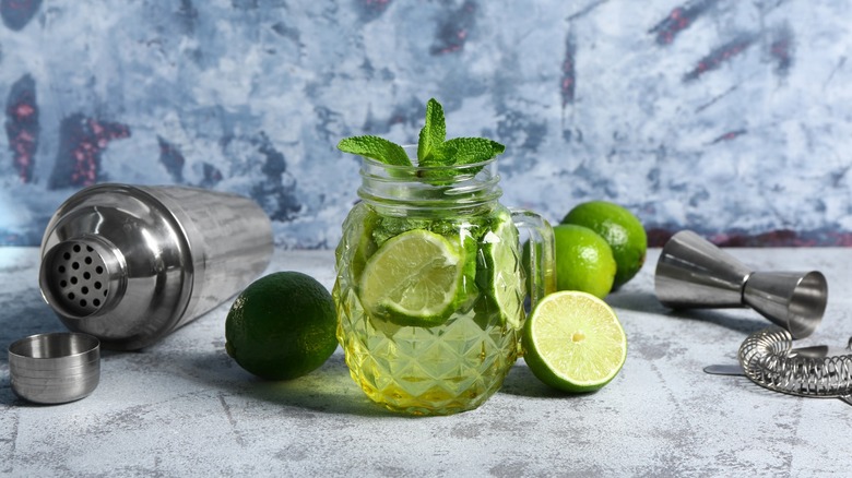 Overhead view of mason jars and their canning lids