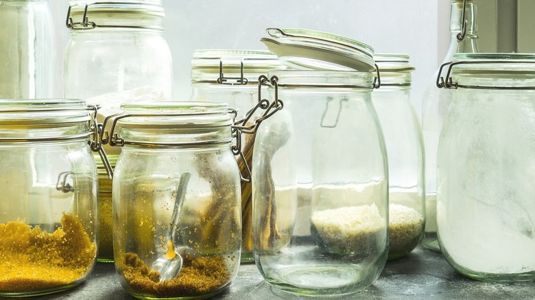 Mason jars in various different sizes with dry ingredients