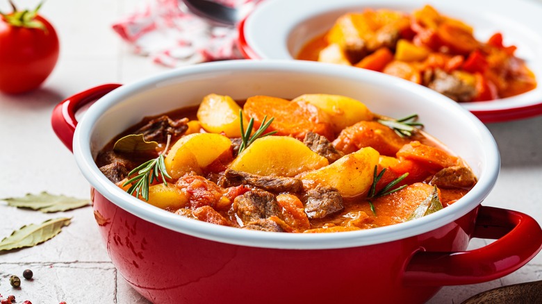 Red pot of chili con carne