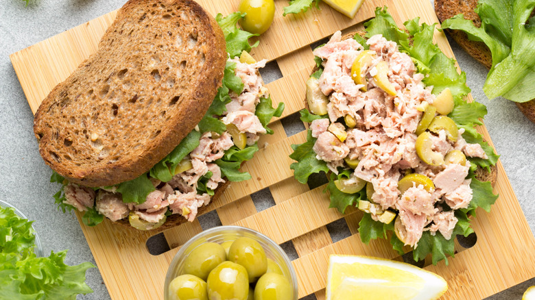 Tuna salad sandwich made with olive oil and olives