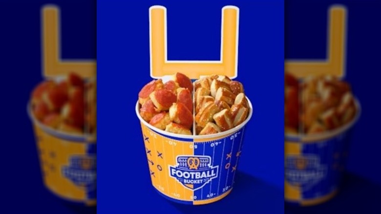 Auntie Annie's Pretzels Football Bucket filled with preztel nuggets
