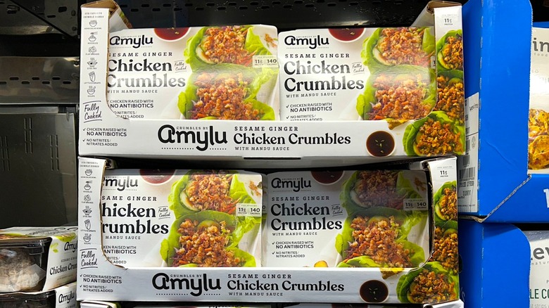 Packages of Amylu Sesame Ginger Chicken Crumbles on display at Costco