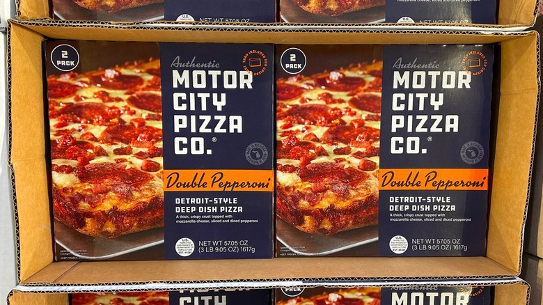 Boxes of Authentic Motor City Pizza Co. Detroit-Style Deep Dish Pizza, Double Pepperoni on display at Costco