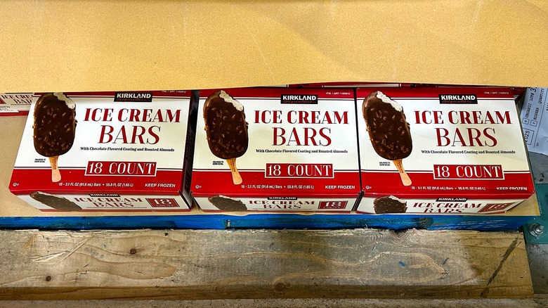 Boxes of Kirkland Signature Ice Cream Bars on display at Costco