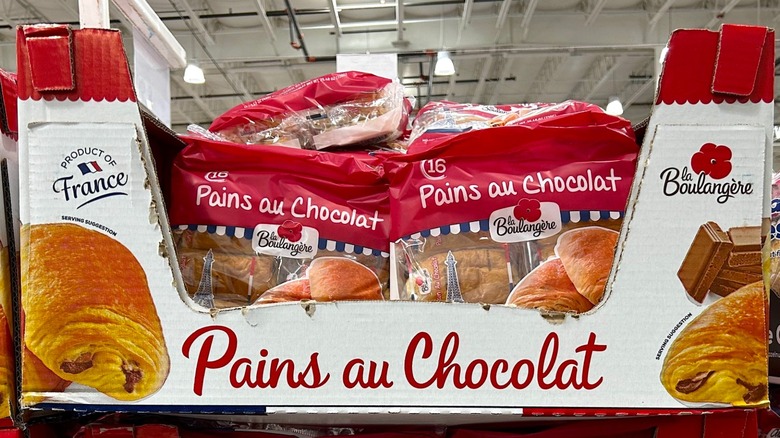 Packages of La Boulangère Pains au Chocolat on display at Costco