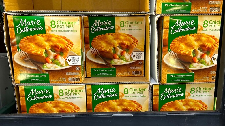 Boxes of Marie Callender's Chicken Pot Pie on display at Costco