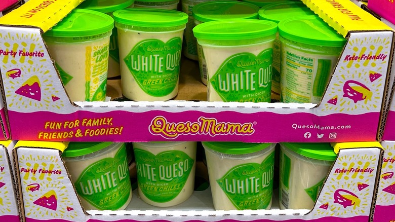 Containers of Queso Mama White Queso on display at Costco