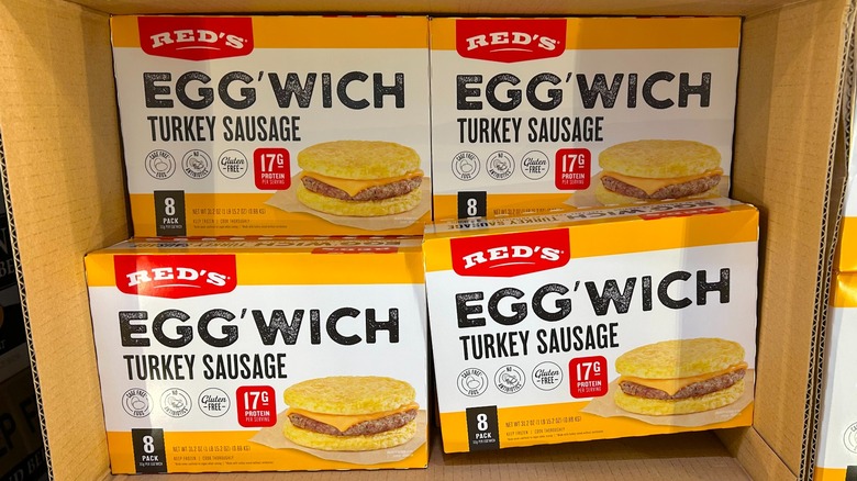 Boxes of Red's Egg'Wich Turkey Sausage on display at Costco
