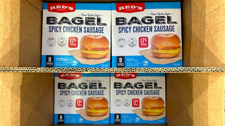 Boxes of Red's New York Style Spicy Chicken Sausage Bagels on display at Costco