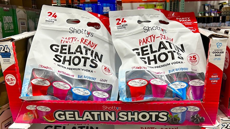 Bags of Shotty's Party-Ready Gelatin Shots Variety Pack on display at Costco