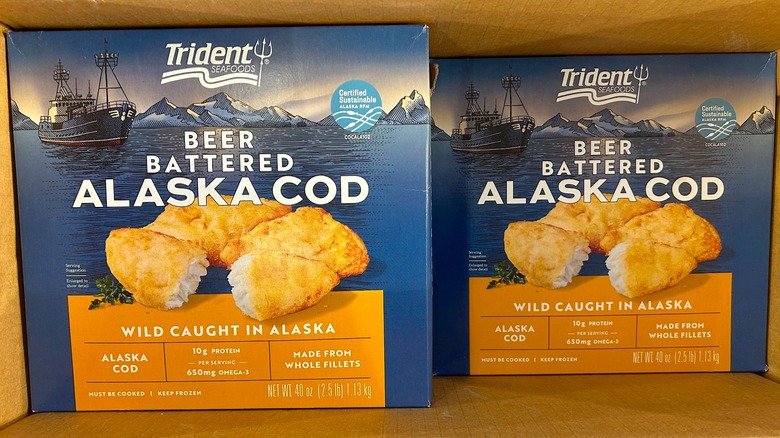 Boxes of Trident Seafoods Beer Battered Alaska Cod on display at Costco