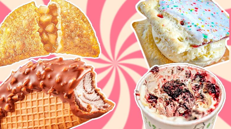 Various desserts on swirly background