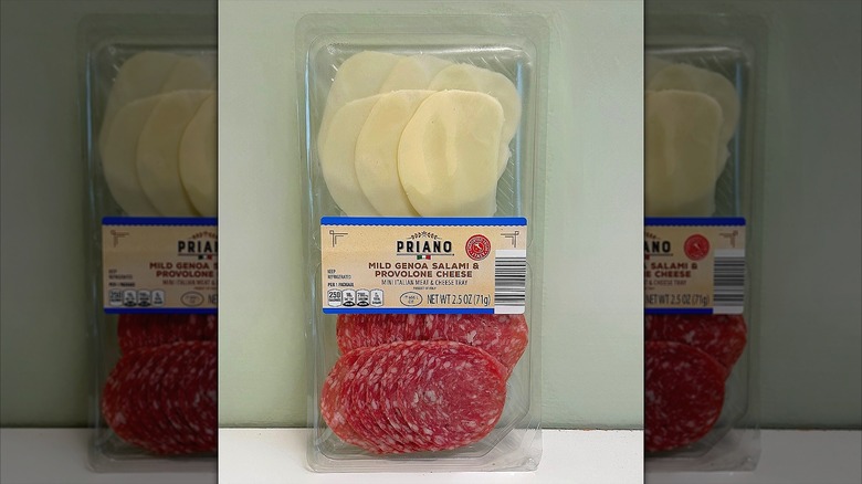 A pack of Priano Salami and Cheese on a green and white background