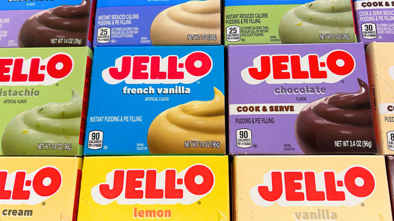 Close up of colorful Jell-O Pudding Boxes
