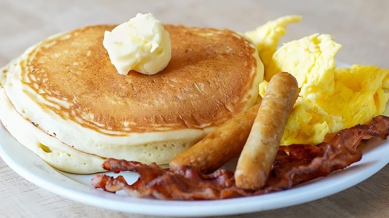 Pancake breakfast with scrambled eggs
