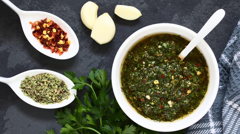 Chimichurri sauce in white bowl