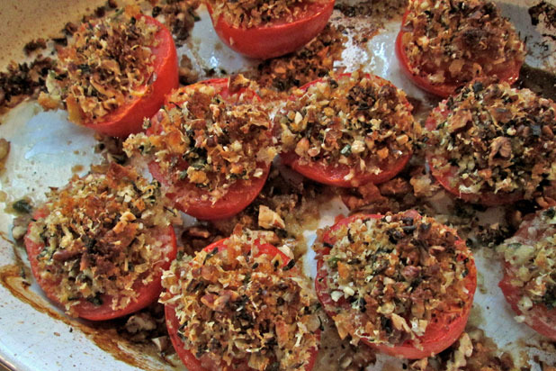 Crispy-Crumbed Baked Tomatoes with Pecans and Parmesan