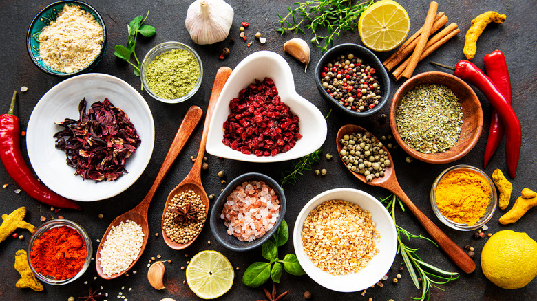 various spices in bowls