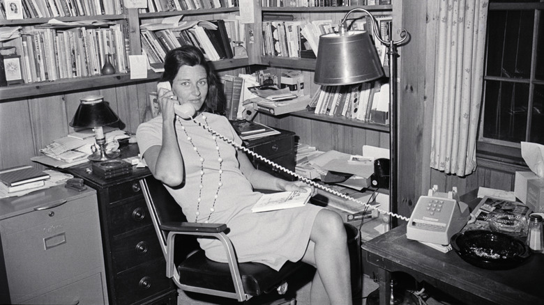 Photo of Anne Sexton on telephone in home office