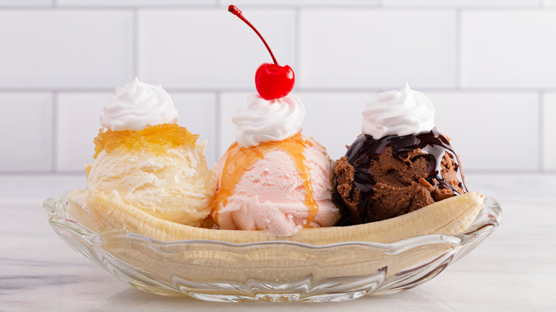 Classic banana split with cherry