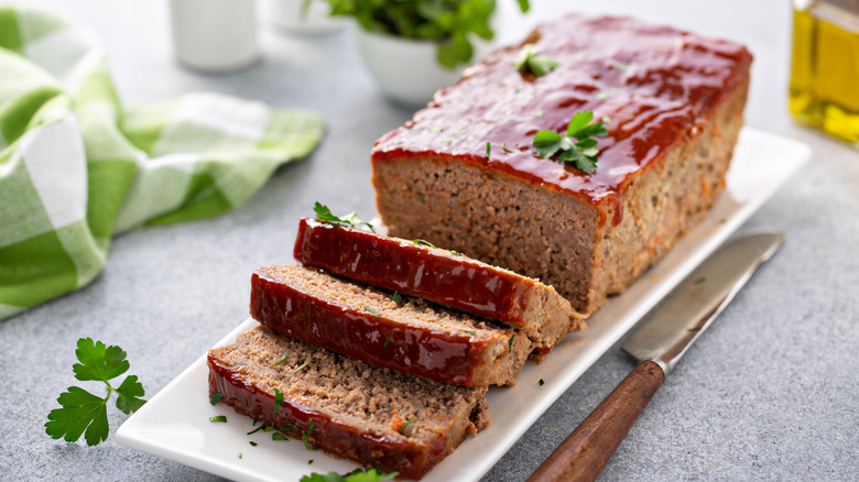 Sliced meatloaf with glaze