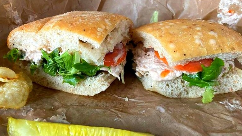 tuna salad and veggies on ciabatta