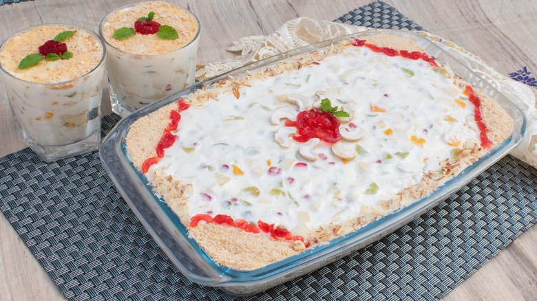 Tipsy Parson trifle cake in glass baking dish